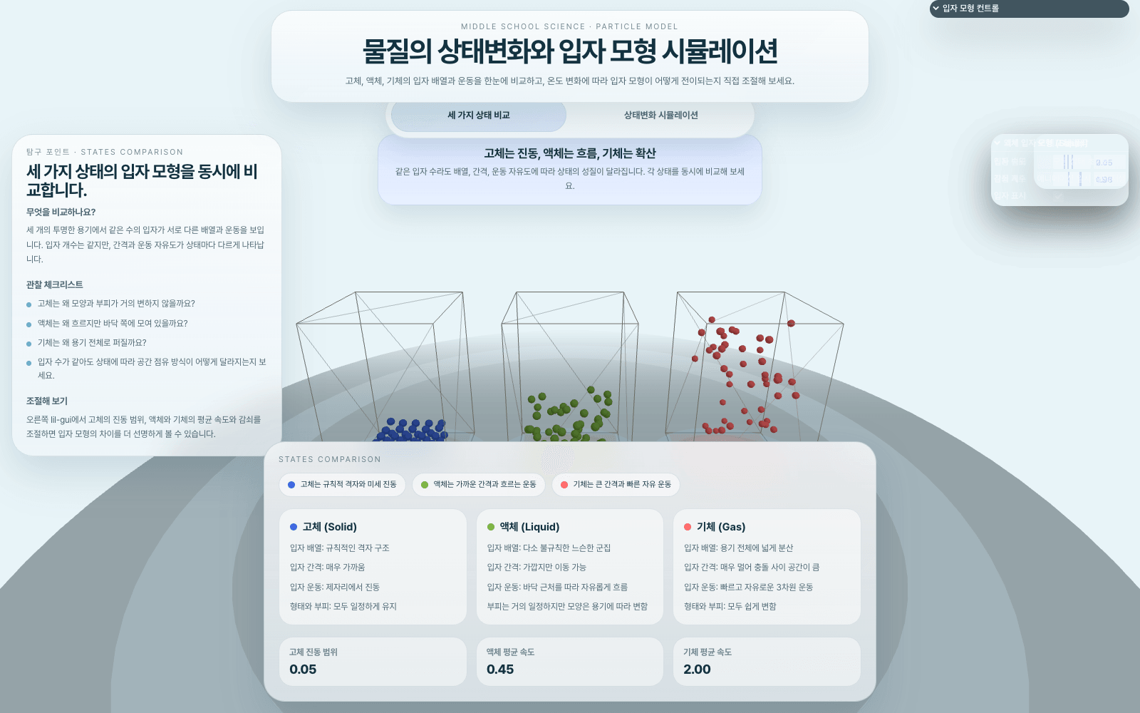 입자 운동 3D 실행 화면